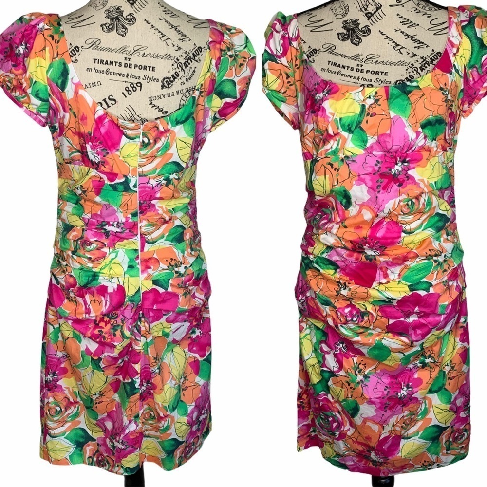 Suzi Chin Floral Print Rusched Sheath Dress Size 10P Scoop Neck Open Back Cotton